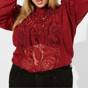 Torrid Red Lace Blouse, Long Sleeve, Puff Sleeves, Vintage inspired
